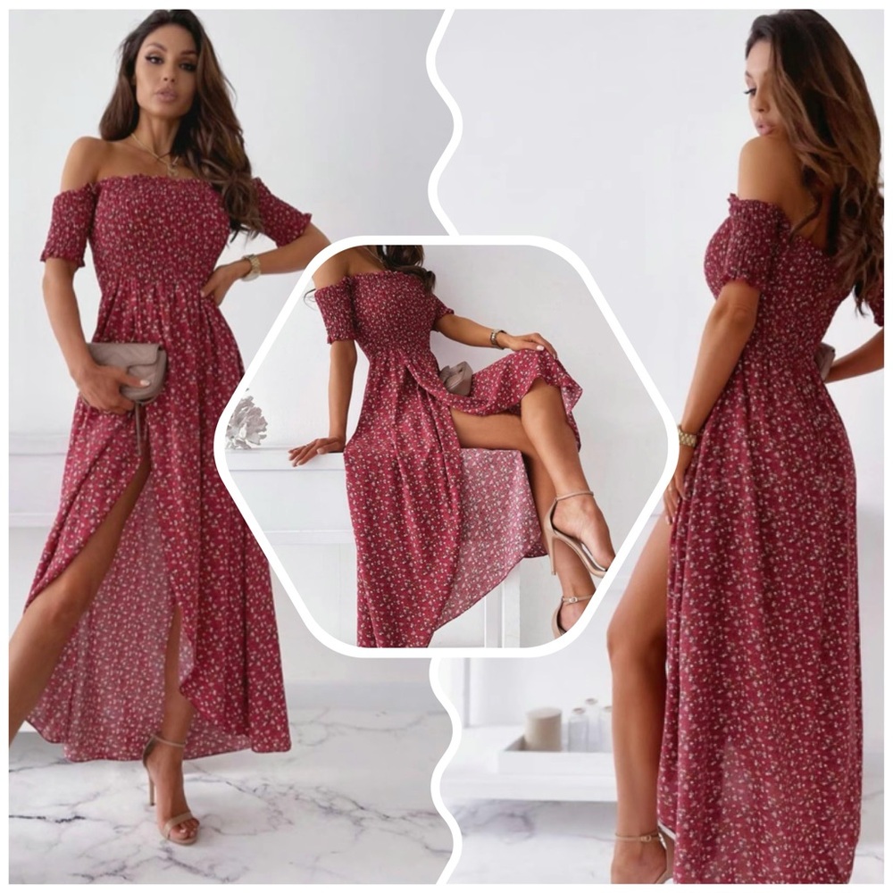 Ditsy Floral Print Off Shoulder Split Thigh Dress